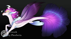 Size: 1280x710 | Tagged: safe, artist:phoeberia, character:queen novo, species:seapony (g4), g4, my little pony: the movie (2017), beautiful, bioluminescent, black background, dorsal fin, female, fins, fish tail, flowing tail, logo, long tail, purple eyes, simple background, solo, swimming, tail, underwater