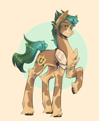 Size: 838x1024 | Tagged: safe, artist:wippitywarpy, character:hitch trailblazer, species:earth pony, species:pony, g5, abstract background, alternate design, blaze (coat marking), chest fluff, colored eyebrows, eyebrows, leg fluff, looking at you, male, raised hoof, simple background, smirk, solo, stallion, unshorn fetlocks