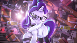 Size: 7680x4320 | Tagged: safe, artist:calveen, character:starlight glimmer, species:pony, species:unicorn, g4, 3d, 8k, absurd resolution, alternate hairstyle, aperture science, badass, boots, clothing, coat, collar, crossover, female, glasses, indoors, laboratory, mare, portal (valve), scientist, shoes, sign, smiling, solo, source filmmaker, welding