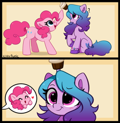 Size: 4560x4670 | Tagged: safe, artist:kittyrosie, character:izzy moonbow, character:pinkie pie, species:earth pony, species:pony, species:unicorn, g4, g5, absurd resolution, blushing, bracelet, colored hooves, cupcake, cute, diapinkes, dreamworks face, duo, duo female, eyebrows, eyebrows visible through hair, eyes closed, female, food, gradient hair, happy, heart, hooves, horn, horn impalement, izzy impaling things, izzybetes, jewelry, kittyrosie is trying to murder us, mare, multicolored hair, open mouth, open smile, profile, question mark, raised hoof, simple background, sitting, smiling, the new pinkie pie, unshorn fetlocks