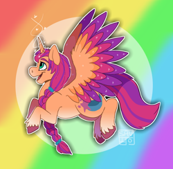 Size: 1200x1171 | Tagged: safe, artist:savijopanda, character:sunny starscout, species:alicorn, species:pony, g5, my little pony: a new generation, abstract background, alicornified, braid, coat markings, colored eyebrows, colored hooves, colored wings, cute, female, flying, hooves, horn, magic wings, mare, multicolored wings, open mouth, open smile, profile, race swap, smiling, socks (coat marking), solo, spread wings, sunnybetes, sunnycorn, unshorn fetlocks, wings