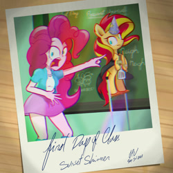 Size: 1280x1280 | Tagged: safe, artist:theratedrshimmer, character:pinkie pie, character:sunset shimmer, species:eqg human, species:pony, species:unicorn, g4, my little pony:equestria girls, chromatic aberration, clothing, disguise, female, hat, looking at you, party hat, party horn, shocked