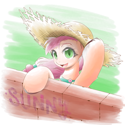 Size: 2000x2000 | Tagged: safe, artist:ragurimo, character:sunny starscout, species:earth pony, species:pony, g5, brick wall, clothing, cute, grass, hat, hoof hold, open mouth, smiling, solo, straw hat, sunnybetes, traditional art, wall