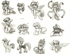 Size: 3192x2520 | Tagged: safe, artist:dandy, character:moondancer, character:princess cadance, character:starlight glimmer, character:tempest shadow, character:trixie, character:twilight sparkle, character:twilight velvet, oc, oc:bay breeze, oc:scarlet flare, species:alicorn, species:kirin, species:pegasus, species:pony, species:unicorn, ship:startrix, g4, bow, broken horn, clothing, cutie mark, doctor octopus, female, females only, hair bow, headphones, horn, jacket, looking at you, ribbon, shipping, sketch dump, spread wings, sweater, wings