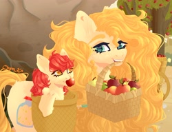 Size: 3905x3000 | Tagged: safe, artist:chym_ka, character:apple bloom, character:pear butter, species:earth pony, species:pony, g4, apple, apple family member, basket, daughter, female, filly, food, holding, mare, mother, mother and child, mother and daughter, mouth hold, parent and child, tree, young