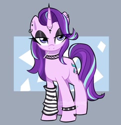 Size: 1620x1665 | Tagged: safe, artist:aanotherpony, character:starlight glimmer, species:pony, species:unicorn, g4, abstract background, bracelet, candy, choker, clothing, cross, ear piercing, edgelight glimmer, edgy, emo, eyeshadow, food, jewelry, leg warmers, lidded eyes, lollipop, makeup, necklace, piercing, punk, simple background, solo, spiked wristband, wristband