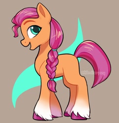Size: 1162x1200 | Tagged: safe, artist:aanotherpony, character:sunny starscout, species:earth pony, species:pony, g5, my little pony: a new generation, abstract background, blank flank, braid, coat markings, colored eyebrows, colored hooves, eyebrows, female, hooves, looking at you, mare, open mouth, profile, simple background, socks (coat marking), solo, unshorn fetlocks, watermark