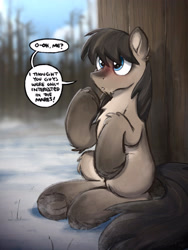 Size: 2896x3844 | Tagged: safe, artist:selenophile, species:earth pony, species:pony, g4, blushing, chest fluff, cute, dialogue, fluffy, leg fluff, looking up, male, sitting, sitting up, snow, solo, speech bubble, stallion, text, tree, underhoof, unshorn fetlocks, yakutian horse