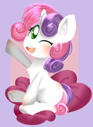 Size: 1200x1633 | Tagged: safe, artist:nm, character:sweetie belle, species:pony, species:unicorn, g4, blushing, chest fluff, cute, diasweetes, female, filly, one eye closed, open mouth, open smile, pixiv, raised hoof, sitting, smiling, solo, wink, young