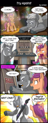 Size: 800x2020 | Tagged: safe, artist:uotapo, character:alphabittle blossomforth, character:sunny starscout, species:earth pony, species:pegasus, species:pony, g5, my little pony: a new generation, comic, cross-popping veins, dialogue, duo, gritted teeth, guitar hero, rainbow horn, sweat, sweatdrop, teary eyes, vein