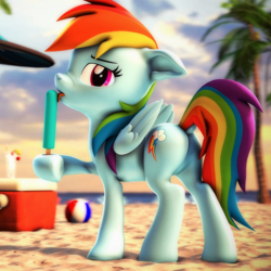 Size: 2160x2160 | Tagged: safe, artist:psfmer, character:rainbow dash, species:pegasus, species:pony, g4, 3d, ball, beach, beach ball, cooler, dock, drink, female, food, licking, looking at you, mare, outdoors, palm tree, popsicle, sand, solo, source filmmaker, tongue out, toy, tree, umbrella