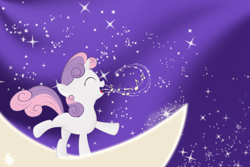 Size: 3000x2000 | Tagged: safe, artist:re6ellion, character:sweetie belle, species:pony, species:unicorn, g4, eyes closed, female, filly, high res, moon, music, music notes, open mouth, photoshop, profile, singing, sky, solo, stars, wallpaper, young