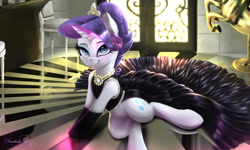Size: 2500x1500 | Tagged: safe, artist:darksly, character:rarity, species:pony, species:unicorn, g4, beautiful, black dress, chair, clothing, cutie mark, door, dress, ear fluff, female, horn, indoors, jewelry, lidded eyes, long dress, looking at you, mare, necklace, smiling, smiling at you, solo, tiara