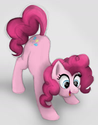 Size: 1280x1621 | Tagged: safe, artist:doodledonut, character:pinkie pie, species:earth pony, species:pony, g4, crouching, cute, diapinkes, face down ass up, female, gray background, mare, open mouth, open smile, simple background, smiling, solo
