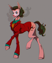 Size: 2037x2465 | Tagged: safe, artist:lambibelle, species:earth pony, species:pony, g4, chromatic aberration, cigarette, clothing, crossover, gray background, high res, joker (2019), looking at you, makeup, male, ponified, simple background, smoking, solo, species swap, stallion, suit, the joker