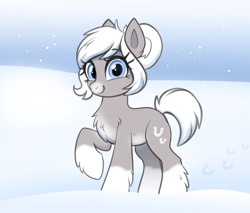 Size: 2540x2160 | Tagged: safe, artist:confetticakez, oc, oc only, oc:snow shoes, species:pony, g4, chest fluff, female, fluffy, hoof fluff, hooves, leg fluff, looking at you, mare, raised hoof, smiling, snow, snow mare, solo, yakutian horse