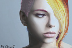 Size: 1024x683 | Tagged: safe, artist:foxvanity, character:rainbow dash, species:human, g4, hair over one eye, humanized, realistic, solo, species swap