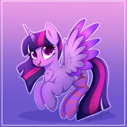 Size: 2000x2000 | Tagged: safe, artist:splashofsweet, character:twilight sparkle, character:twilight sparkle (alicorn), species:alicorn, species:pony, g4, chest fluff, clothing, colored wings, cute, female, flying, gradient background, gradient wings, looking at you, mare, multicolored wings, open mouth, open smile, signature, simple background, smiling, socks, solo, spread wings, striped socks, twiabetes, wings