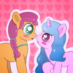 Size: 2180x2180 | Tagged: safe, artist:limitmj, character:izzy moonbow, character:sunny starscout, species:earth pony, species:pony, species:unicorn, ship:starbow, g5, abstract background, blushing, colored pupils, female, gradient hair, heart, heart eyes, lesbian, looking at each other, mare, profile, shipping, simple background, sparkly eyes, wingding eyes