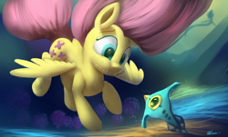 Size: 4300x2600 | Tagged: safe, artist:auroriia, character:fluttershy, species:pegasus, species:pony, g4, crepuscular rays, female, fish, flowing mane, flowing tail, high res, holding breath, mare, peeper (subnautica), reaper leviathan, signature, solo, spread wings, subnautica, swimming, underwater, water, watershy, wings