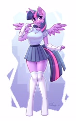 Size: 2208x3508 | Tagged: safe, alternate version, artist:dandy, character:twilight sparkle, character:twilight sparkle (alicorn), species:alicorn, species:anthro, species:pony, species:unguligrade anthro, g4, arm warmers, belt, blushing, both cutie marks, clothing, cutie mark, female, horn, looking at you, mare, shirt, simple background, skirt, smiling, solo, spread wings, stockings, tail, thigh highs, wings