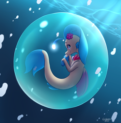 Size: 1260x1279 | Tagged: safe, artist:crizone-aura, character:princess skystar, species:seapony (g4), g4, angler seapony, bioluminescent, bubble, cute, female, glow, profile, skyabetes, smiling, solo, underwater