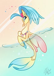 Size: 1216x1688 | Tagged: safe, artist:vivziepop, character:princess skystar, species:classical hippogriff, species:hippogriff, species:seapony (g4), g4, female, jewelry, necklace, open mouth, seashell necklace, smiling, solo, transformation, water