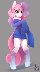 Size: 1920x3414 | Tagged: safe, artist:hentwi, character:sweetie belle, species:anthro, species:unguligrade anthro, species:unicorn, g4, clothing, colored eyebrows, cute, diasweetes, dress, eyebrows, female, gray background, looking at you, signature, simple background, smiling, socks, solo