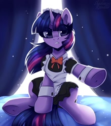 Size: 1750x2000 | Tagged: safe, artist:shadowreindeer, character:twilight sparkle, species:pony, g4, clothing, eye clipping through hair, female, maid, maidlight sparkle, mare, sitting, solo, underhoof
