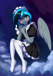 Size: 3500x5032 | Tagged: safe, artist:mrscroup, oc, oc only, oc:luny, species:anthro, species:pegasus, species:plantigrade anthro, g4, blushing, choker, clothing, cloud, cloudy, dress, ear fluff, female, jewelry, looking at you, maid, maid headdress, necklace, night, night sky, sky, smiling, smiling at you, socks, solo, stocking feet, thigh highs, white socks, wings