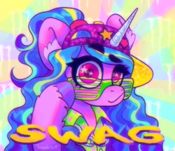 Size: 1200x1032 | Tagged: safe, artist:p0nyplanet, character:izzy moonbow, species:pony, species:unicorn, g5, my little pony: a new generation, abstract background, female, gradient hair, mare, shutter shades, solo, swag, text