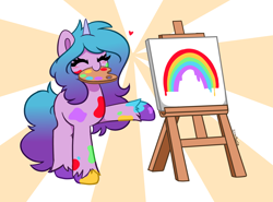 Size: 5359x3958 | Tagged: safe, artist:kittyrosie, character:izzy moonbow, species:pony, species:unicorn, g5, abstract background, canvas, colored hooves, cute, easel, eyes closed, female, gradient hair, heart, holding, hooves, izzybetes, mare, messy, messy colouring, mouth hold, multicolored hair, painting, rainbow, simple background, solo, unshorn fetlocks