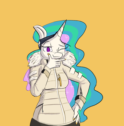 Size: 2150x2176 | Tagged: safe, artist:skunkstripe, character:princess celestia, species:alicorn, species:anthro, g4, clothing, coat, eyebrows, female, fur collar, goggles, hand, hand on head, hand on hip, hips, mare, no pupils, one eye closed, simple background, solo, winter outfit, yellow background, zipper