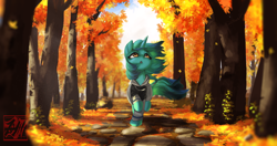 Size: 4096x2160 | Tagged: safe, artist:theprince, oc, oc only, species:pony, species:unicorn, g4, autumn, clothing, female, hoodie, leaves, looking up, mare, not lyra, scenery, solo, tree