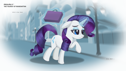 Size: 2560x1440 | Tagged: safe, artist:pearlymarshmallow, character:rarity, species:pony, species:unicorn, episode:rarity takes manehattan, g4, my little pony: friendship is magic, city, downtown, exhausted, female, glowing horn, horn, looking down, luggage, magic, magic aura, manehattan, mare, ok computer, radiohead, raised hoof, rarity day, running, sad, social alienation, solo, suitcase, telekinesis, text, the tourist, tired, tourist, work