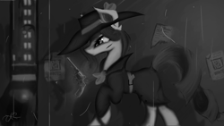 Size: 3840x2160 | Tagged: safe, artist:crescentfeather, character:rarity, species:pony, species:unicorn, g4, art challenge, black and white, grayscale, gun, manechat challenge, monochrome, noir rarity, solo, weapon