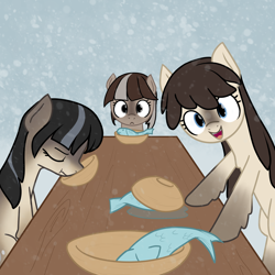 Size: 1600x1600 | Tagged: safe, artist:alexi148, oc, oc only, oc:cold shoulder, oc:frosty flakes, oc:winter wonder, species:pony, g4, bowl, eating, fish, food, meat, ponies eating meat, snow, snow mare, table, x eyes, yakutian horse