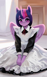 Size: 1300x2138 | Tagged: safe, artist:mrscroup, character:twilight sparkle, character:twilight sparkle (alicorn), species:alicorn, species:anthro, g4, clothing, dress, eyebrows, eyebrows visible through hair, female, looking at you, maid, mare, sitting, smiling, solo