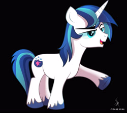 Size: 3666x3277 | Tagged: safe, artist:zidanemina, character:shining armor, species:pony, species:unicorn, g4, black background, cutie mark, explicit source, hooves, lidded eyes, male, one hoof raised, open mouth, raised eyebrow, simple background, solo, stallion