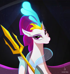 Size: 4195x4444 | Tagged: safe, artist:zidanemina, character:queen novo, species:seapony (g4), g4, angler seapony, bioluminescent, black background, explicit source, eyeshadow, female, glow, looking at you, makeup, simple background, smiling, solo, trident
