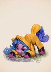 Size: 850x1200 | Tagged: safe, artist:assasinmonkey, character:izzy moonbow, species:pony, species:unicorn, g5, ball, childproof horn, clothing, female, frog, gradient hair, horn, izzy's tennis ball, mare, open mouth, raincoat, signature, simple background, solo, tennis ball, toy