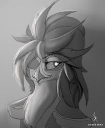Size: 984x1200 | Tagged: safe, artist:zidanemina, oc, oc only, oc:aesterophe bismarck, species:anthro, species:parrot, g4, explicit source, eyepatch, female, grayscale, looking sideways, monochrome, open mouth, sketch, solo
