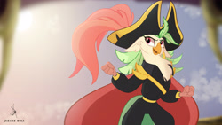Size: 3840x2160 | Tagged: safe, alternate version, artist:zidanemina, character:captain celaeno, species:anthro, species:parrot, g4, my little pony: the movie (2017), clothing, cloud, explicit source, female, hat, looking sideways, pirate hat, sky, solo, sun, uniform