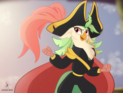 Size: 2858x2160 | Tagged: safe, alternate version, artist:zidanemina, character:captain celaeno, species:anthro, species:parrot, g4, my little pony: the movie (2017), clothing, cloud, explicit source, female, hat, looking sideways, pirate hat, sky, solo, sun, uniform