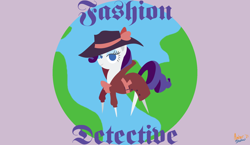 Size: 1900x1100 | Tagged: safe, artist:amber shadow, character:rarity, species:pony, species:unicorn, g4, art challenge, chibi, clothing, colored, detective, detective rarity, female, hat, manechat challenge, simple background, solo, solo female, text