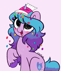 Size: 2875x3314 | Tagged: safe, artist:kittyrosie, character:izzy moonbow, species:pony, species:unicorn, g5, candy, cute, female, food, gradient hair, horn, horn impalement, izzy impaling things, izzybetes, jelly beans, kittyrosie is trying to murder us, lavender background, looking up, mare, open mouth, open smile, raised hoof, signature, simple background, smiling, solo