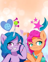 Size: 943x1200 | Tagged: safe, artist:zeon_starlight, character:izzy moonbow, character:sunny starscout, species:earth pony, species:unicorn, g5, ball, bracelet, bust, childproof horn, cutie mark, gradient hair, horn, jewelry, smug, tennis ball, toy