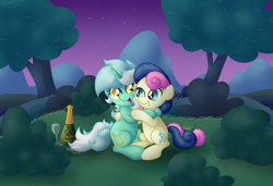 Size: 4922x3368 | Tagged: safe, artist:background basset, character:bon bon, character:lyra heartstrings, character:sweetie drops, species:earth pony, species:pony, species:unicorn, ship:lyrabon, g4, adorabon, alcohol, bottle, champagne, cute, drink, duo, duo female, female, glass, happy, hug, lyrabetes, night, shipping, wine