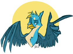 Size: 4934x3644 | Tagged: safe, artist:burnin-dove, artist:g-elric, character:gallus, species:griffon, g4, abstract background, bust, looking at you, male, signature, simple background, smug, solo, wing hands, wings