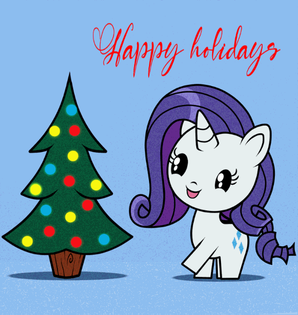 Size: 580x614 | Tagged: safe, artist:theretroart88, character:rarity, species:pony, species:unicorn, g4, animated, blue background, christmas, christmas lights, christmas tree, cute, cutie mark crew, eyelashes, female, gif, holiday, horn, lights, mare, open mouth, open smile, raribetes, simple background, smiling, solo, text, toy, tree